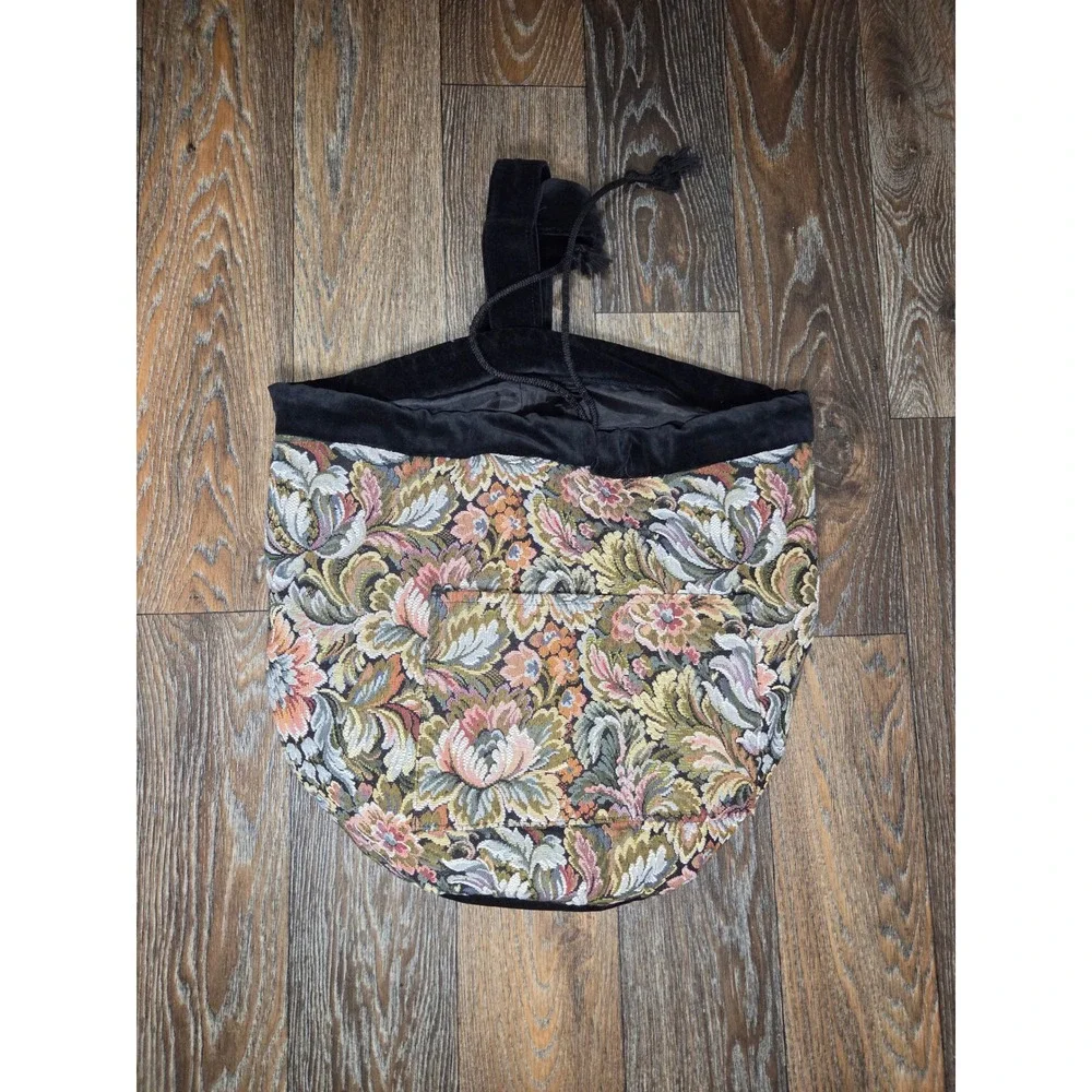 Vintage Floral Tapestry Drawstring Backpack Velvet Trim Boho Cottagecore Bag